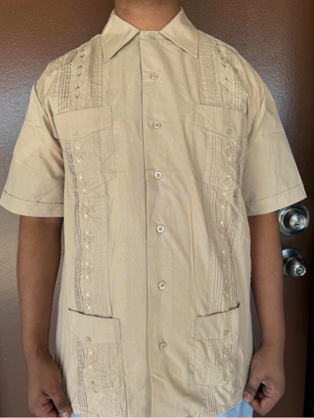 Foxfire Men's Short-Sleeve Beige Embroidered Guayabera Button-Down Shirt